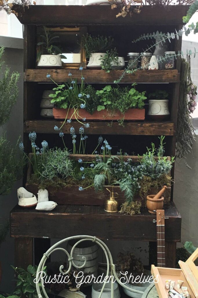 Rustic Garden Decor Ideas - Photo of an old wooden hutch transformed into Rustic Garden Shelves. You can add this hutch to any space in your garden that's covered.