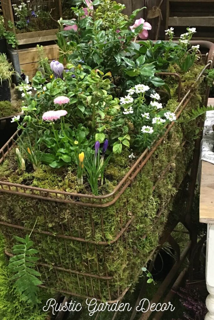 Rustic Garden Decor Ideas - Photo of a Rustic Shopping Cart Planter. If you're looking for a DIY Planter Idea, this vintage shopping cart is a perfect choice to bring height and color to your summer garden. The mossy sides add a fun twist in DIY planter box ideas. You can find vintage shopping carts at your local swap meets or on Facebook Marketplace.
