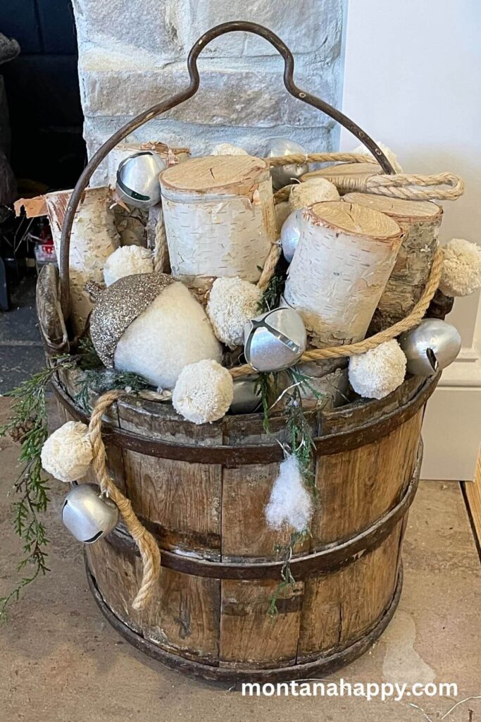 Country Christmas Decor - Wooden Bucket filled with Birch Logs and Silver Bells