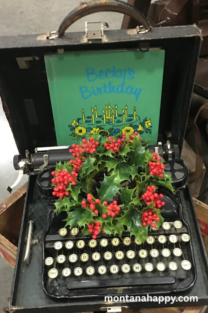 Country Christmas Decorations - Vintage Typewriter with Vintage Mini Wreath with Red Berries