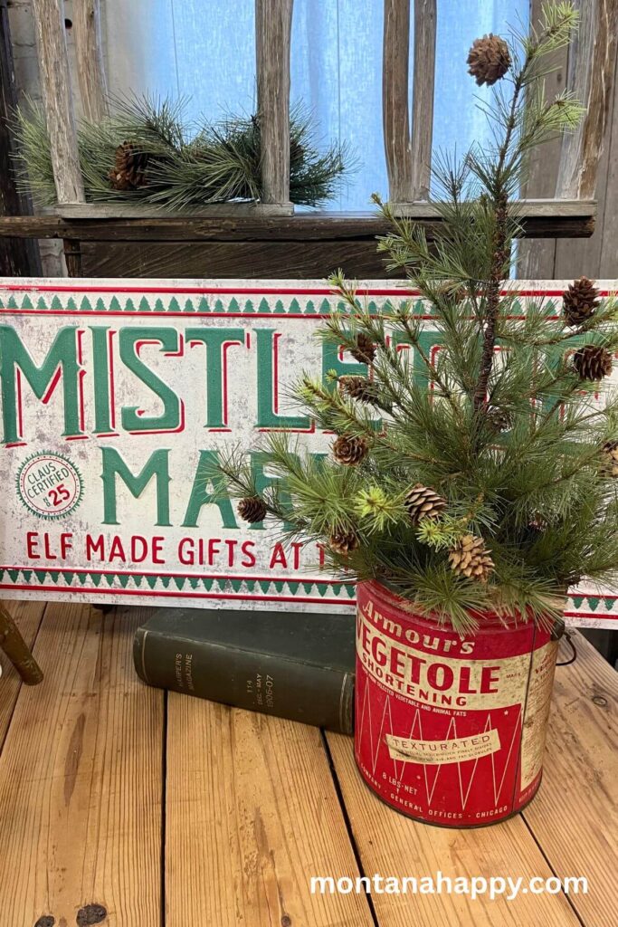 Rustic Christmas Tree Decorations - Vintage Sign, Mini Tree with Pine Cones in a Vintage Tin Can