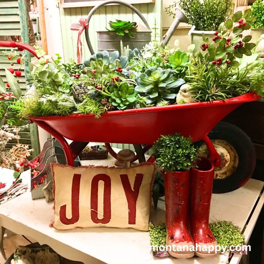 15 Creative Rustic Christmas Decorating Ideas - Red Wheelbarrow with Succulents