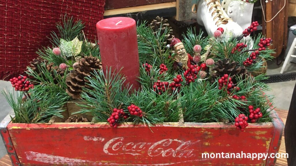 Christmas Rustic Decor - Vintage Wooden Box with Faux Greenery, Faux Berries, Pine Cone, and Candle