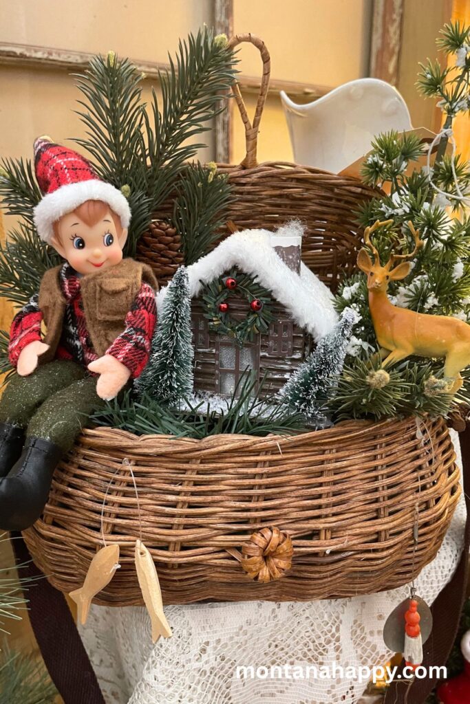 Rustic Decorating Ideas - Photo of Antique Fishing Basket with Elf on the Shelf 