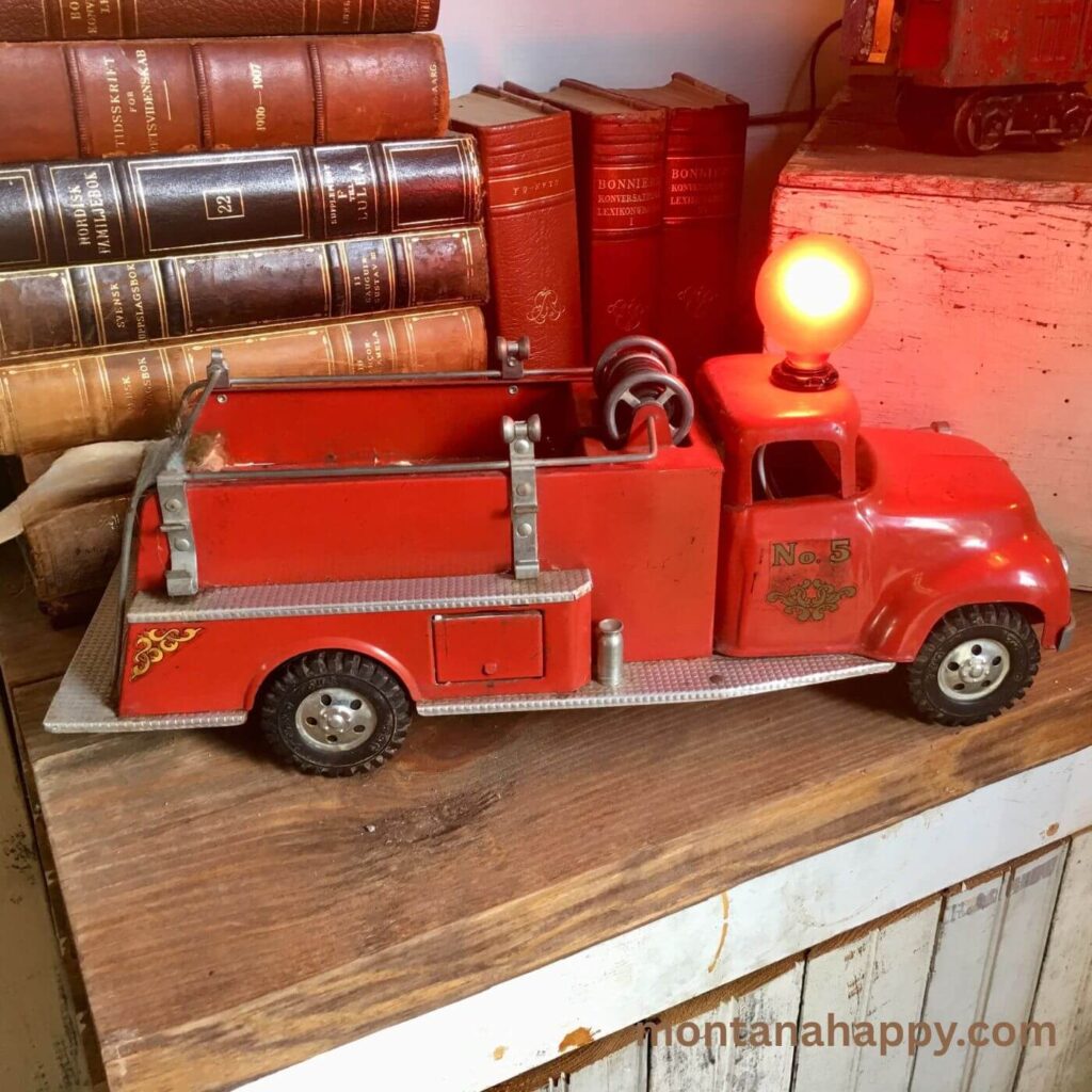Rustic Holiday Decorating Ideas - Vintage Toy Fire Truck Lamp
