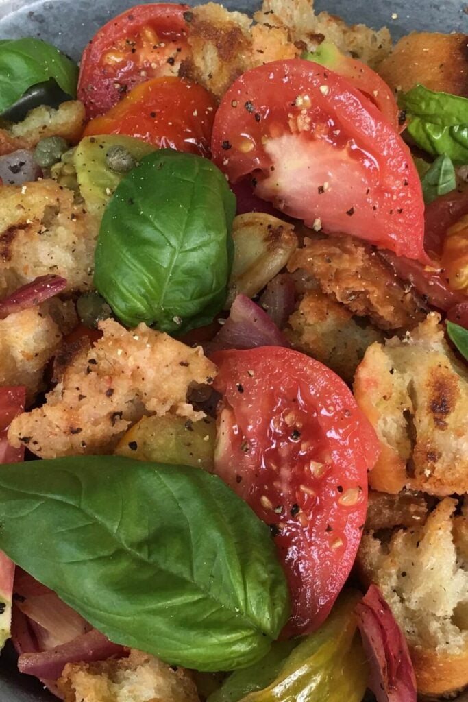 Close-Up Photo of Rustic Bread Salad with Tomatoes 
