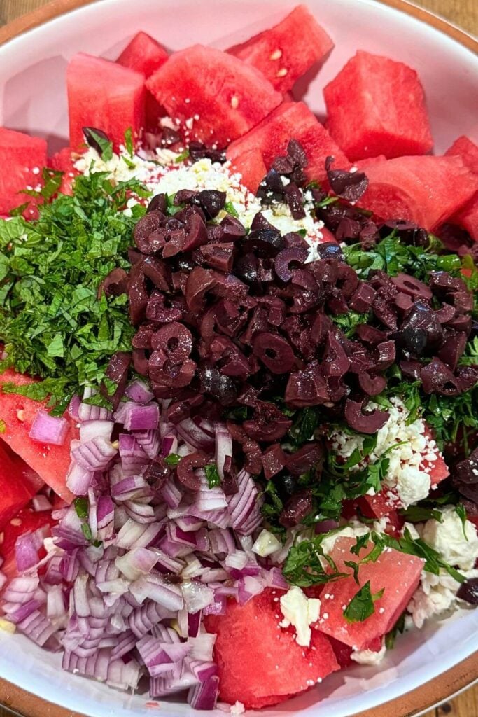 Bowl of Watermelon Salad Ingredients 