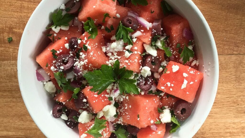 Watermelon Salad with Feta and Black Olives 
