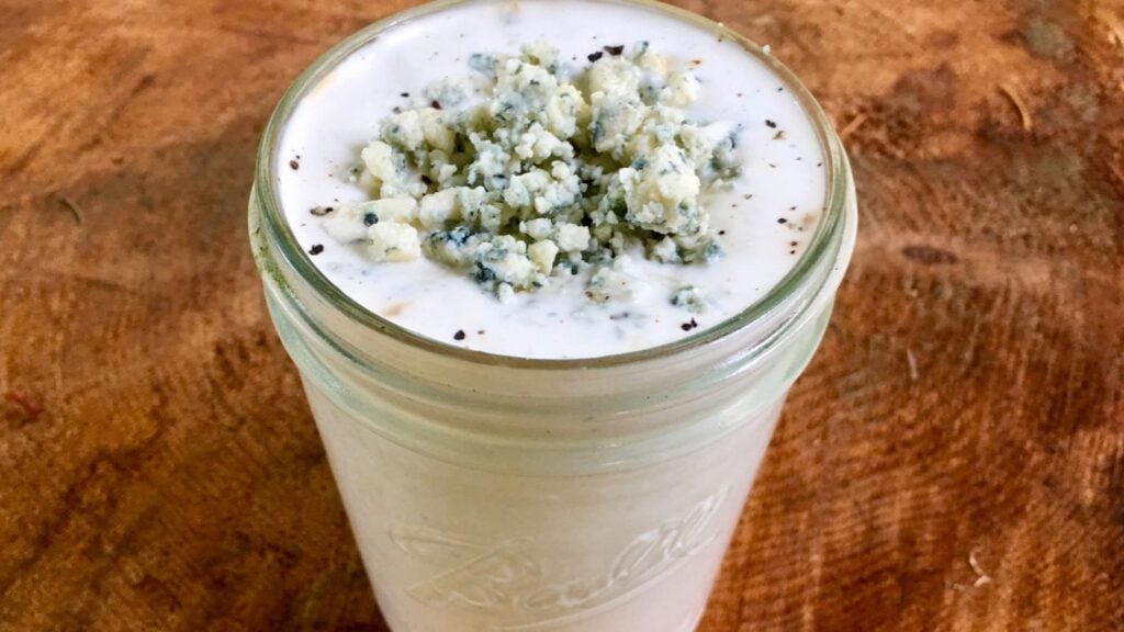 Easy Blue Cheese Dressing Recipe - Photo of a Mason Jar with Blue Cheese Salad Dressing 