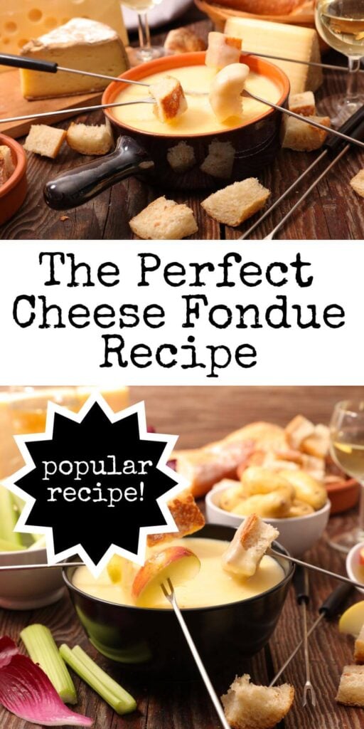 The Best Cheese Fondue Recipe  * Two Photos of Cheese Fondue Recipes  with Bread Cubes and Fruit 