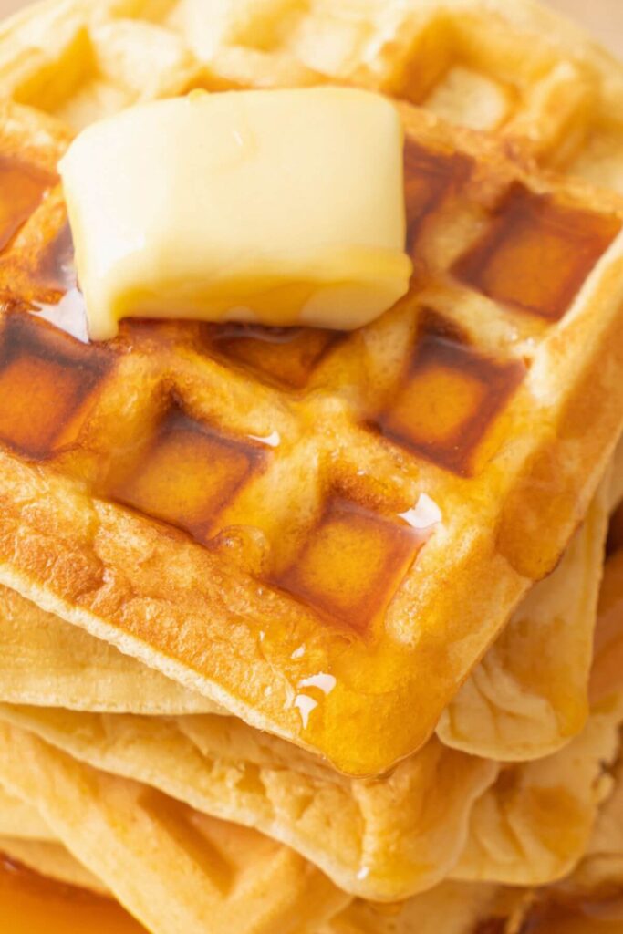 Buttermilk Waffles Recipe with Butter and Maple Syrup 