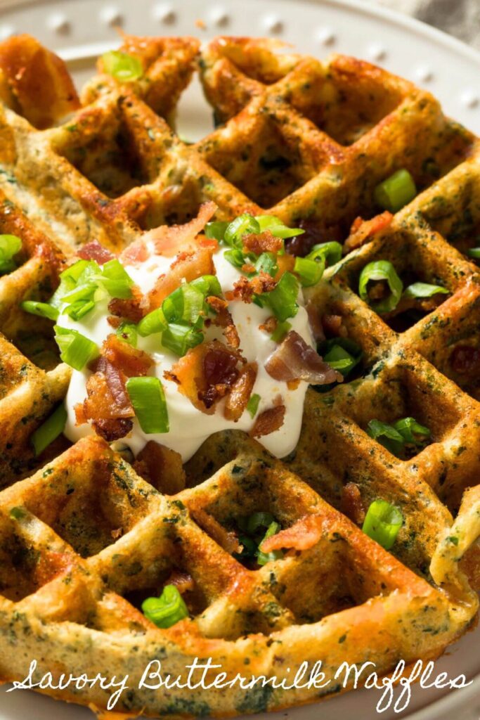 Savory Buttermilk Waffles with Cheddar Cheese, Bacon, Sour Cream, and Green Onions