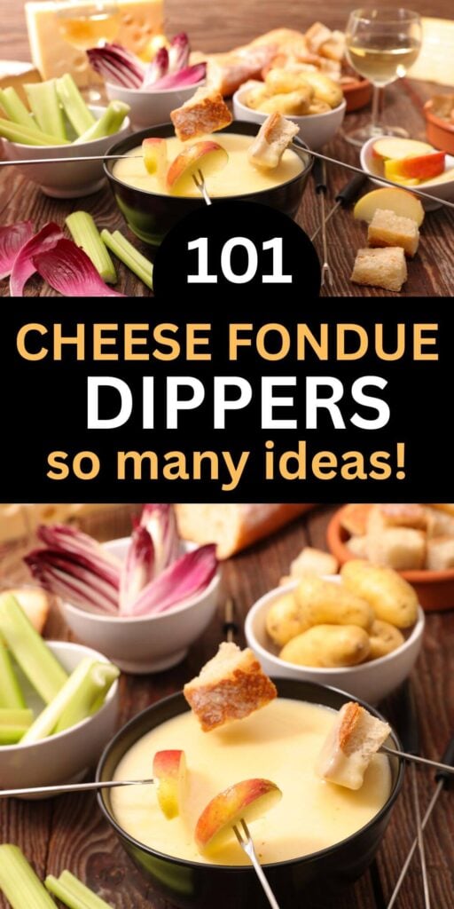 Cheese fondue surrounded by bread, vegetables, fruit, and other dipping ideas