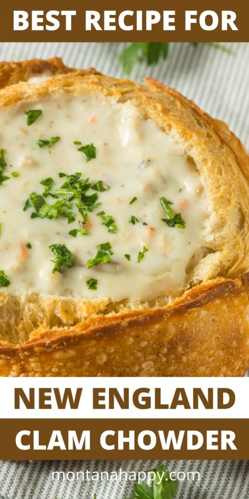Easy Recipe for New England Clam Chowder - Pin for Pinterest - Clam Chowder in a Bread bowl