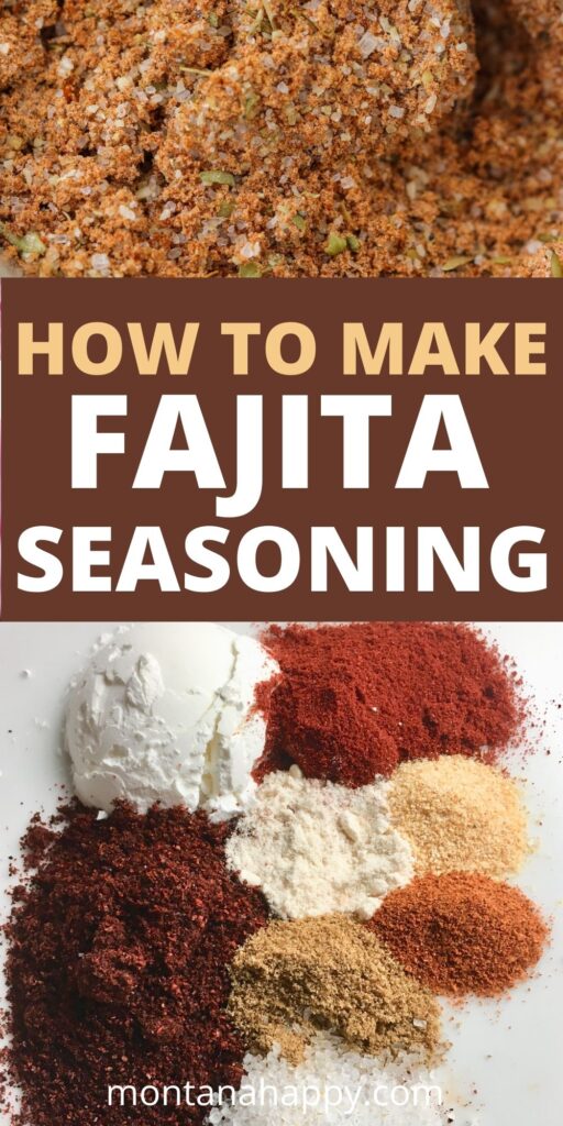 How to Make Fajita Seasoning Mix Pin for Pinterest with spoonfuls of spices and the spice mixture on top.