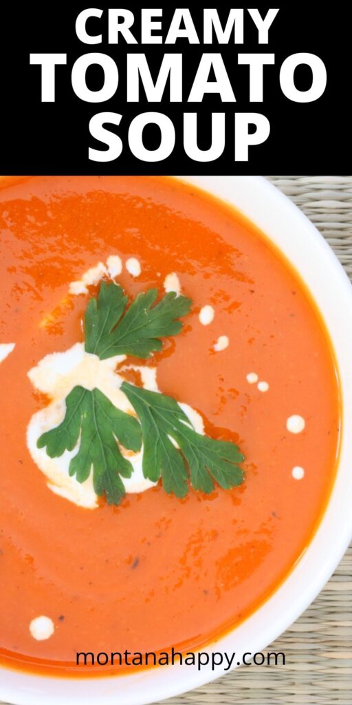 Creamy Tomato Soup Recipe Pin for Pinterest - close-up creamy tomato soup