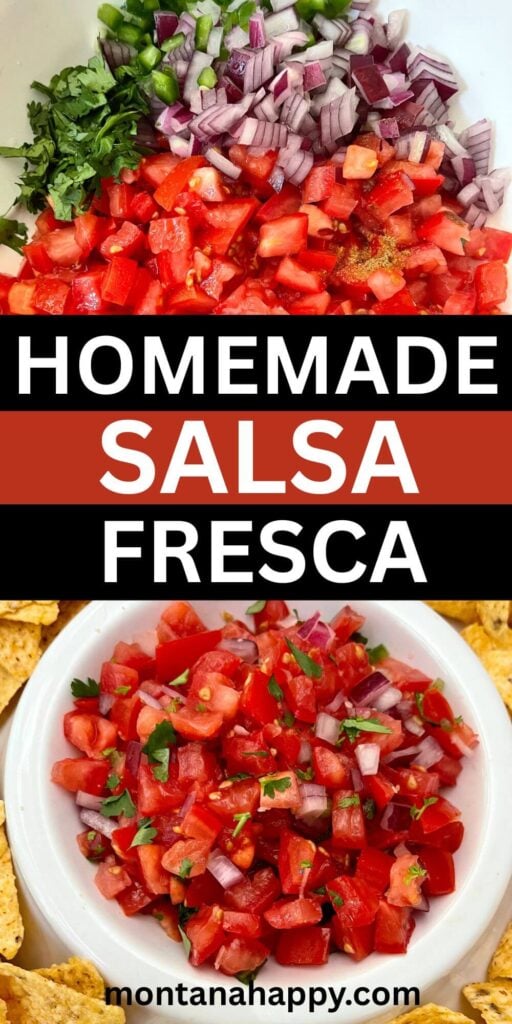 The Best Tomato Recipes - Homemade Salsa Fresca Recipe - This fresh and zesty salsa fresca recipe is the ultimate go-to for summer snacking, taco nights, and backyard gatherings. Bursting with ripe tomatoes, crisp red onion, spicy jalapeños, and fragrant cilantro, this homemade salsa brings bold, authentic flavor with every bite. A splash of lime juice and red wine vinegar adds the perfect tang, while a hint of garlic and olive oil rounds out the taste. Whether you’re scooping it with chips or spooning it over grilled chicken, this easy salsa fresca is a crowd-pleasing classic that’s ready in minutes. Save this fresh salsa recipe for your next summer party or Taco Tuesday!
