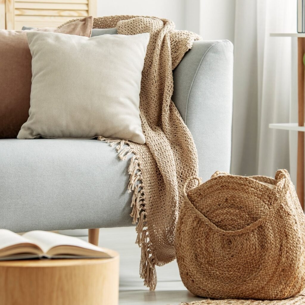 How to Keep a Tidy Home - Partial view of a gray couch with tan pillows, blanket and a bag