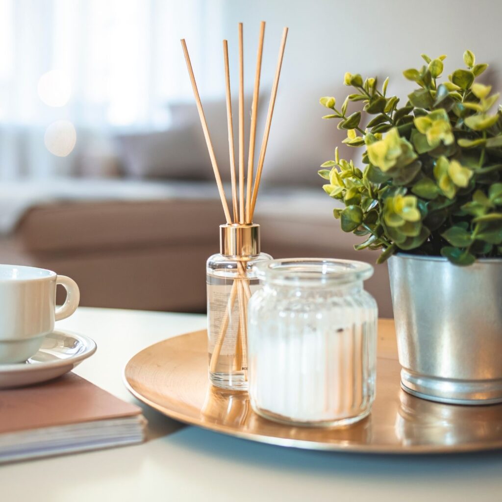 How to Keep a Tidy Home - Coffee table with diffuser, plant, candle, and cup of coffee on top of a book.