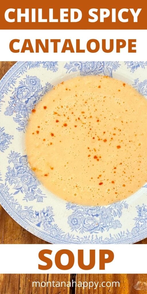 Chilled Spicy Cantaloupe Soup Recipe Pin for Pinterest - Close-up of the cantaloupe soup sprinkled with cayenne pepper and in a white and blue bowl