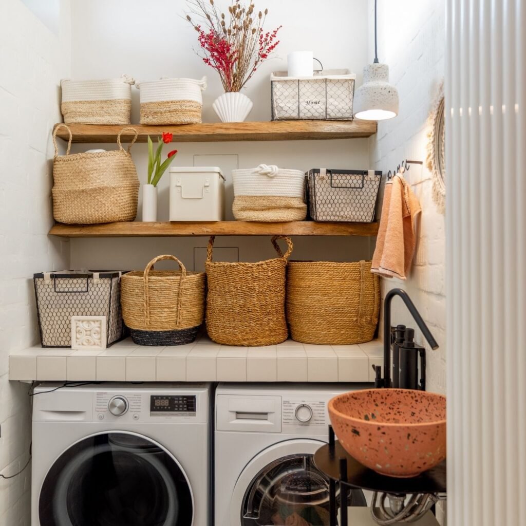 Tidy Home with the right equipment - Laundry room with washer and dryer and baskets above on shelves