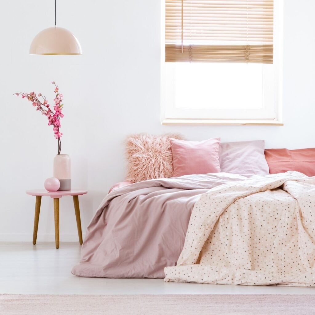 Tidy house plan - Bed with pillows and a side table in pastel hues