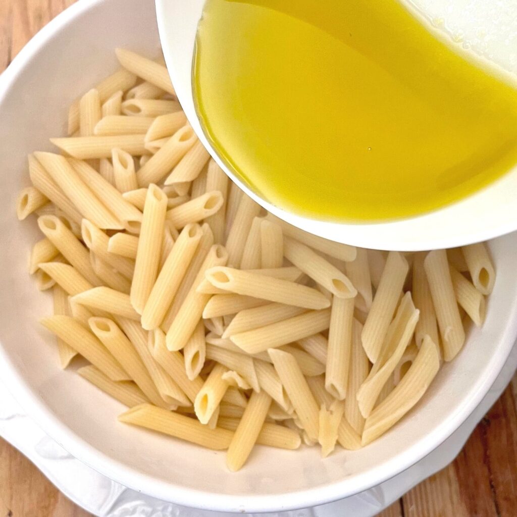 Balsamic Chicken Gorgonzola Pasta - Pour the balsamic olive oil mixture over the pasta