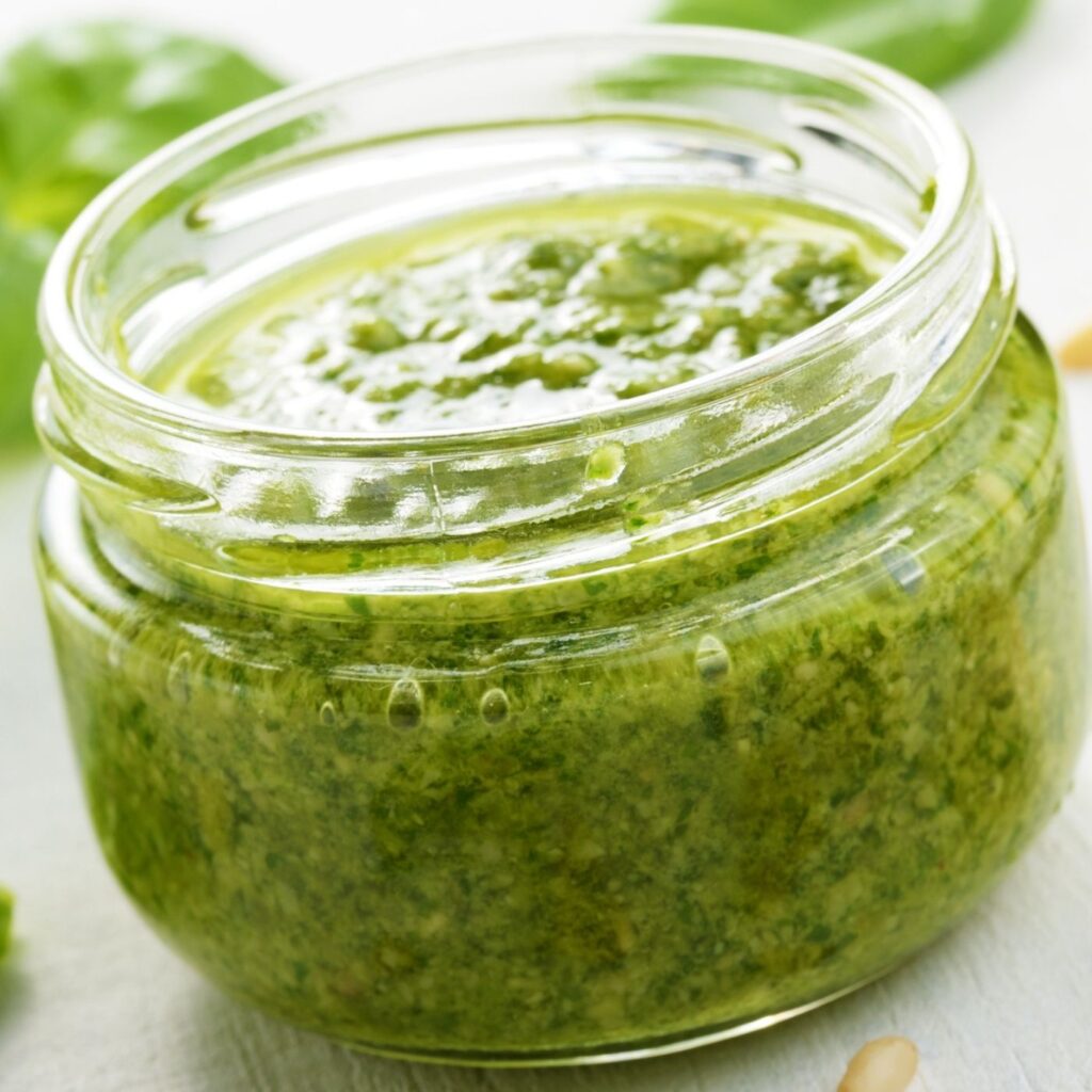 Easy Pesto Recipe with Fresh Basil in a clear mason jar