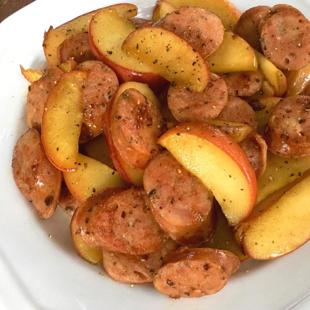 Easy Skillet Chicken Skillet Sausage with Apples Recipe in a White bowl