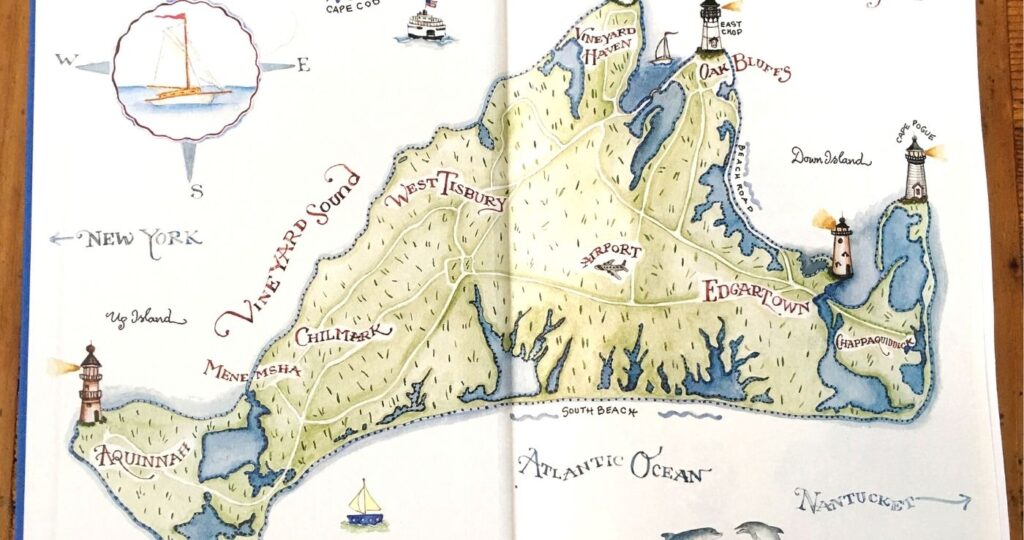 Susan Branch Martha's Vineyard Isle of Dreams Book Open to the map of Martha's Vineyard