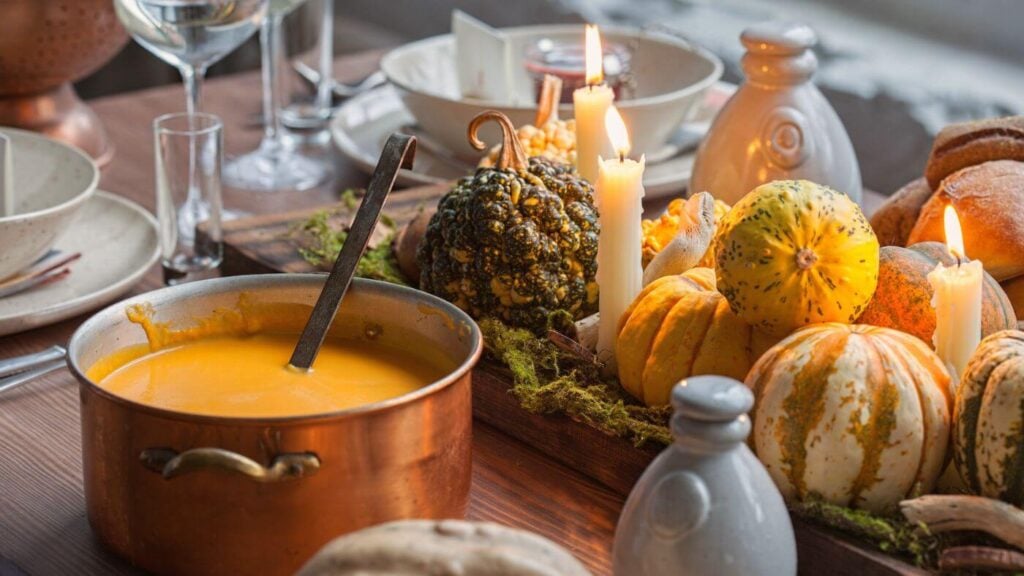Fall Aesthetic Ideas - Photo of Pumpkins Soup with Gourds and Candles