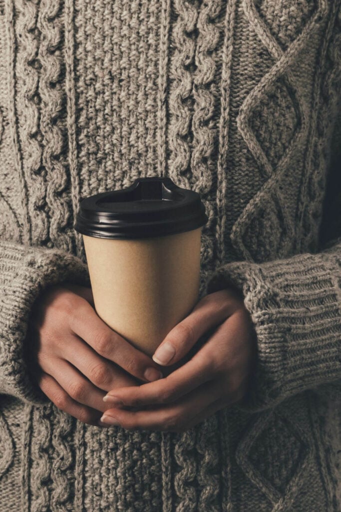 Aesthetic Fall Clothes - Gray Cable Knit Sweater and Hot Coffee