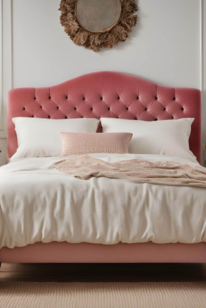 How to Create a Hygge Bedroom - Photo of a Cozy Bedroom with Velvet Headboard - This cozy bedroom scene features a velvet pink headboard with classic button tufting that adds a soft, romantic touch to the space. Cream bedding layers the bed in warmth and elegance, creating a soothing contrast that feels both fresh and timeless. This inviting look is perfect for anyone seeking cozy bedroom inspiration, romantic bedroom ideas, or ways to style a pink headboard with neutral tones. Pin this for your dream bedroom mood board—it's full of soft textures, warm vibes, and cozy home decor charm.