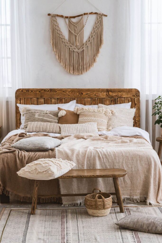 How to Create a Hygge Bedroom - Photo of a Boho Bedroom  with Cream, Brown and White LinensA boho cozy bedroom in warm shades of brown, cream, and white creates a peaceful, earthy retreat full of texture and charm. Layered throw blankets, woven baskets, macrame wall hangings, and natural wood accents bring in that relaxed bohemian bedroom vibe. The soft cream and white tones brighten the space, while the brown elements add grounding warmth. Perfect for lovers of cozy boho decor, neutral bedroom ideas, and laid-back style, this look blends comfort and creativity effortlessly. 