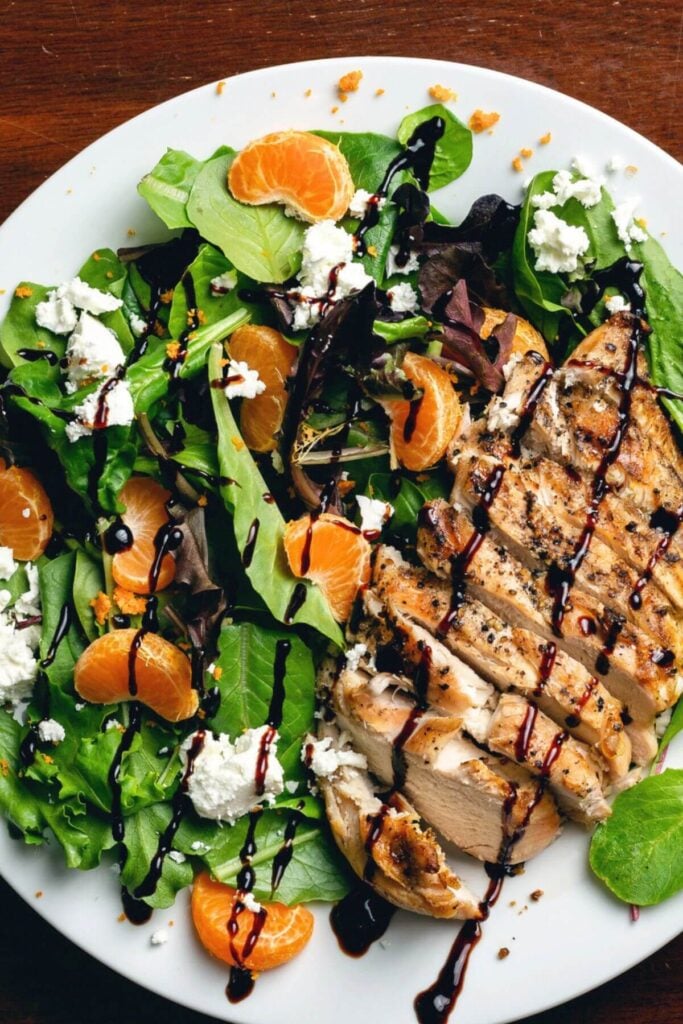 Balsamic Glaze Recipe Topped Salad with Chicken, Tangerines, and Goat Cheese