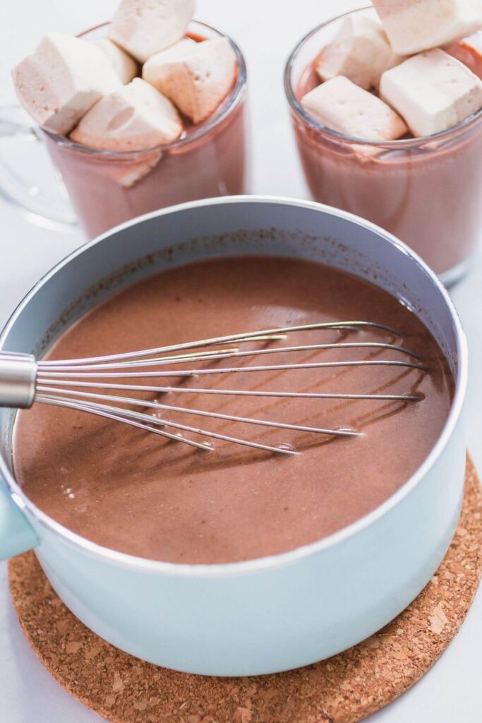 How to Create a Hot Chocolate Bar - Photo of Hot Cocoa in a Saucepan and Hot Chocolate with Marshmallows 