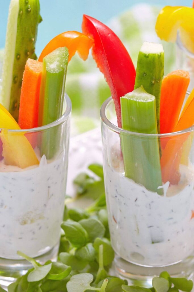 Photo of Raw Veggies with Ranch Dressing in Shot Glasses 