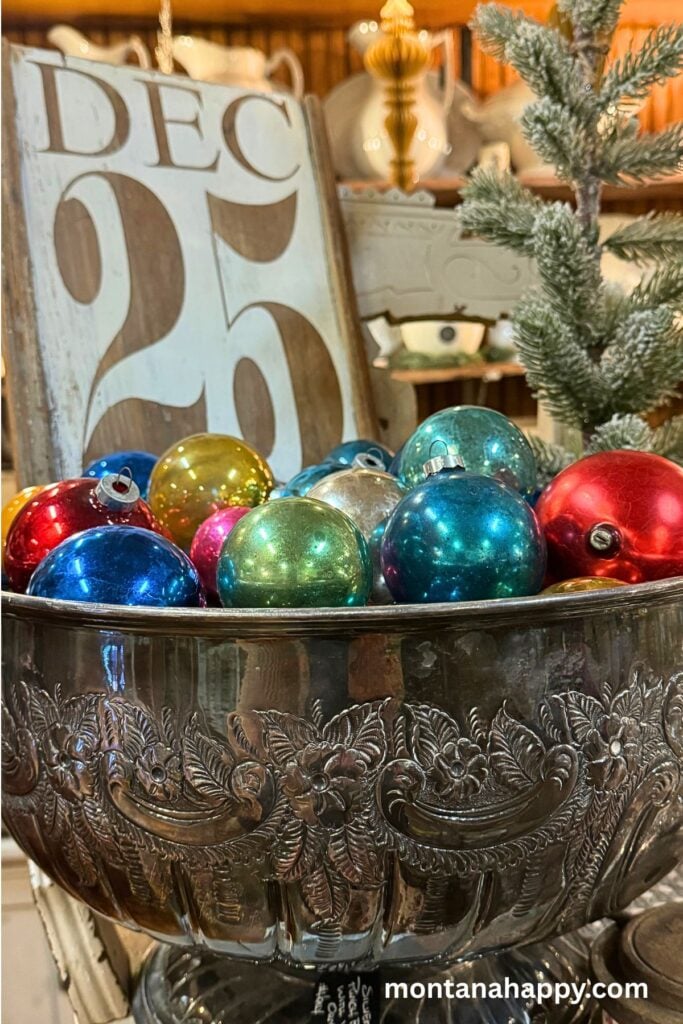 Vintage Christmas Decorations - Photo of Silver Punch bowls filled with Shiny Brite Ornaments with December 25 Wooden Sign