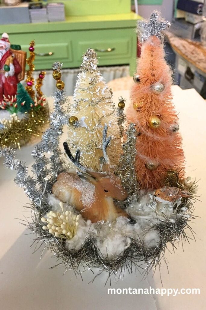 Vintage Christmas Decorations - Christmas Deer Scene Using Vintage Items