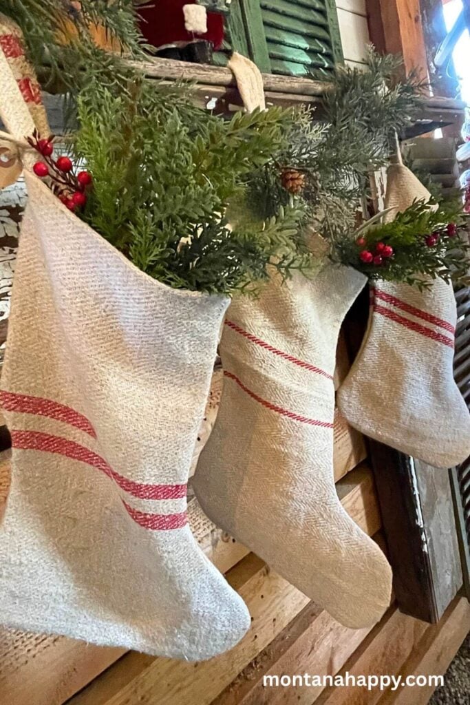 Vintage Christmas Decorations - Vintage French Grain Sack Christmas Stockings