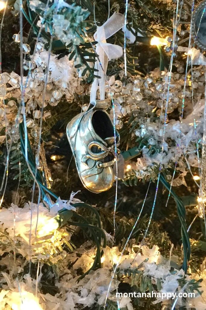 Vintage Christmas Decorations - Vintage Tinsel and Silver Baby Shoe