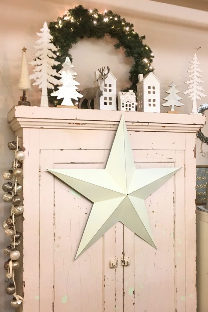 Vintage Christmas Display - Light Pink Armoire with Christmas vignette