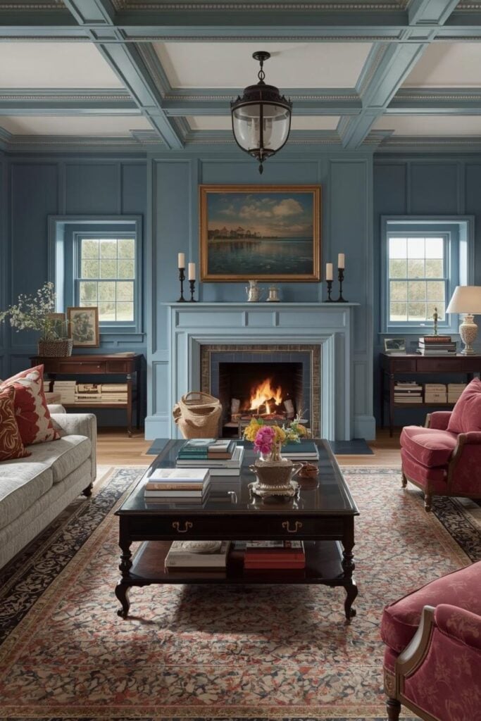 Blue and Muted Rose English Cottage Living Room Decor 