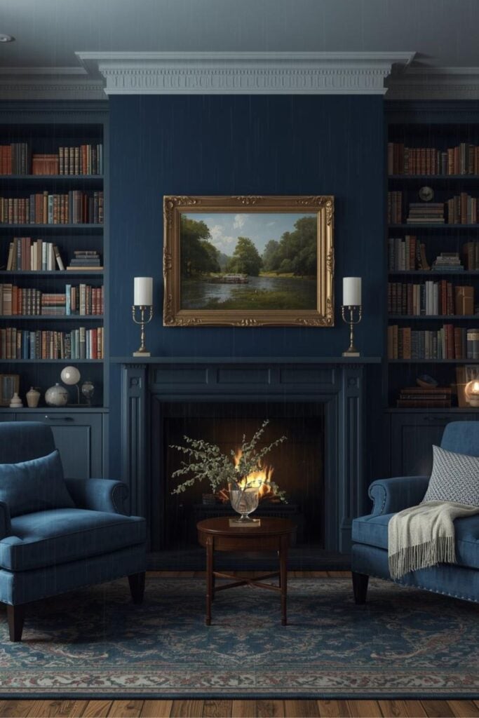 Dark Blue English Cottage Living Room with Fireplace 