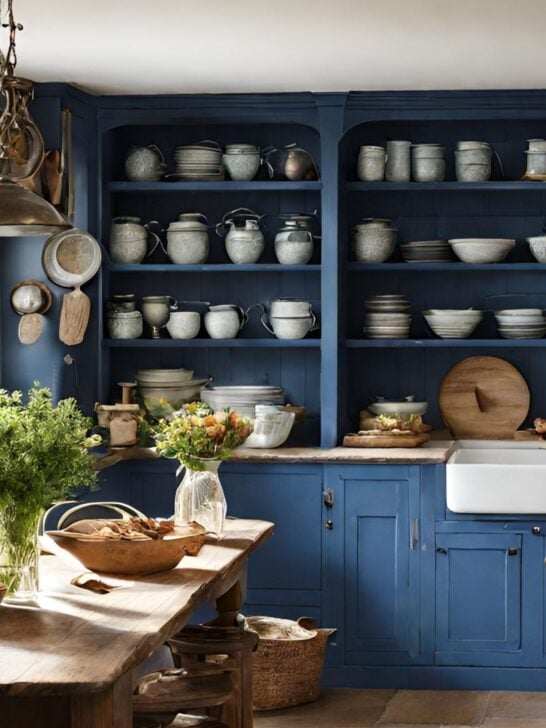 Blue French Country Kitchen with Open Shelving 