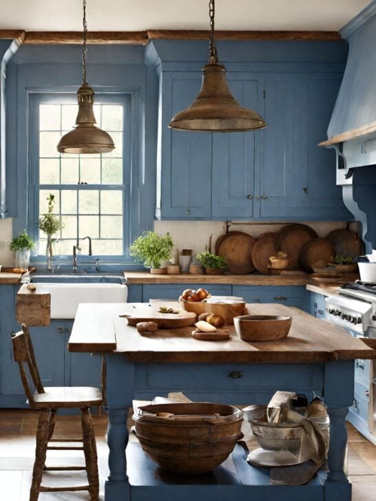 Blue French Country Kitchen with Vintage Lighting 