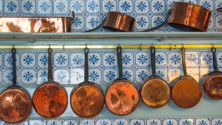 French Country Kitchen Copper Pans with Hand Painted Tiles 