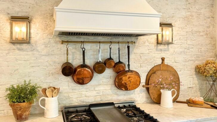 French Country Kitchen Ideas - Pot Rack with Copper Pots 