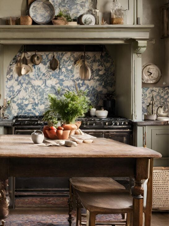 French Country Kitchen with Rug Distressed Cabinets 
