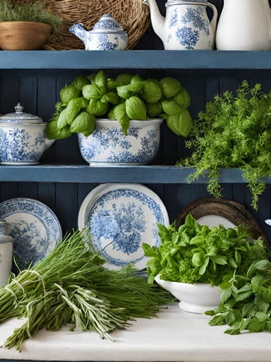 Fresh Herbs in Blue French Country Kitchen Shelves 